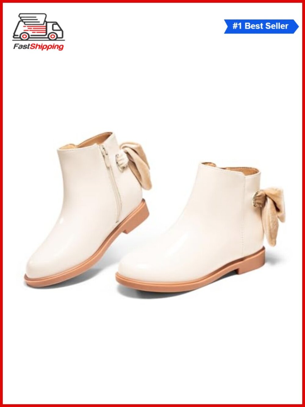 ✨ Girls Ankle Boots Bow Chunky Low Heel Side Zipper Dress Booties Faux Leather